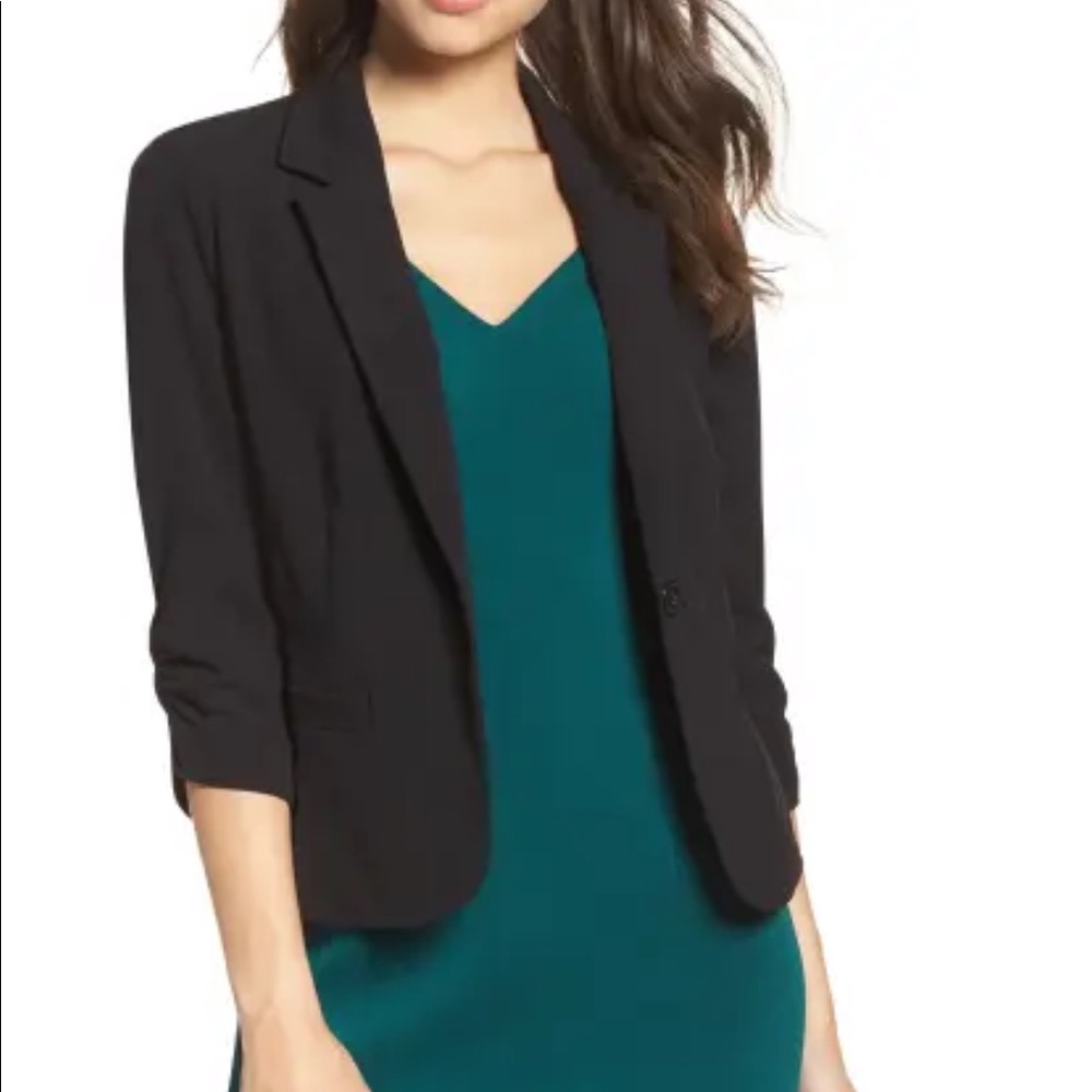 Eliza J Ruched 3/4 Sleeve Button Blazer Black L